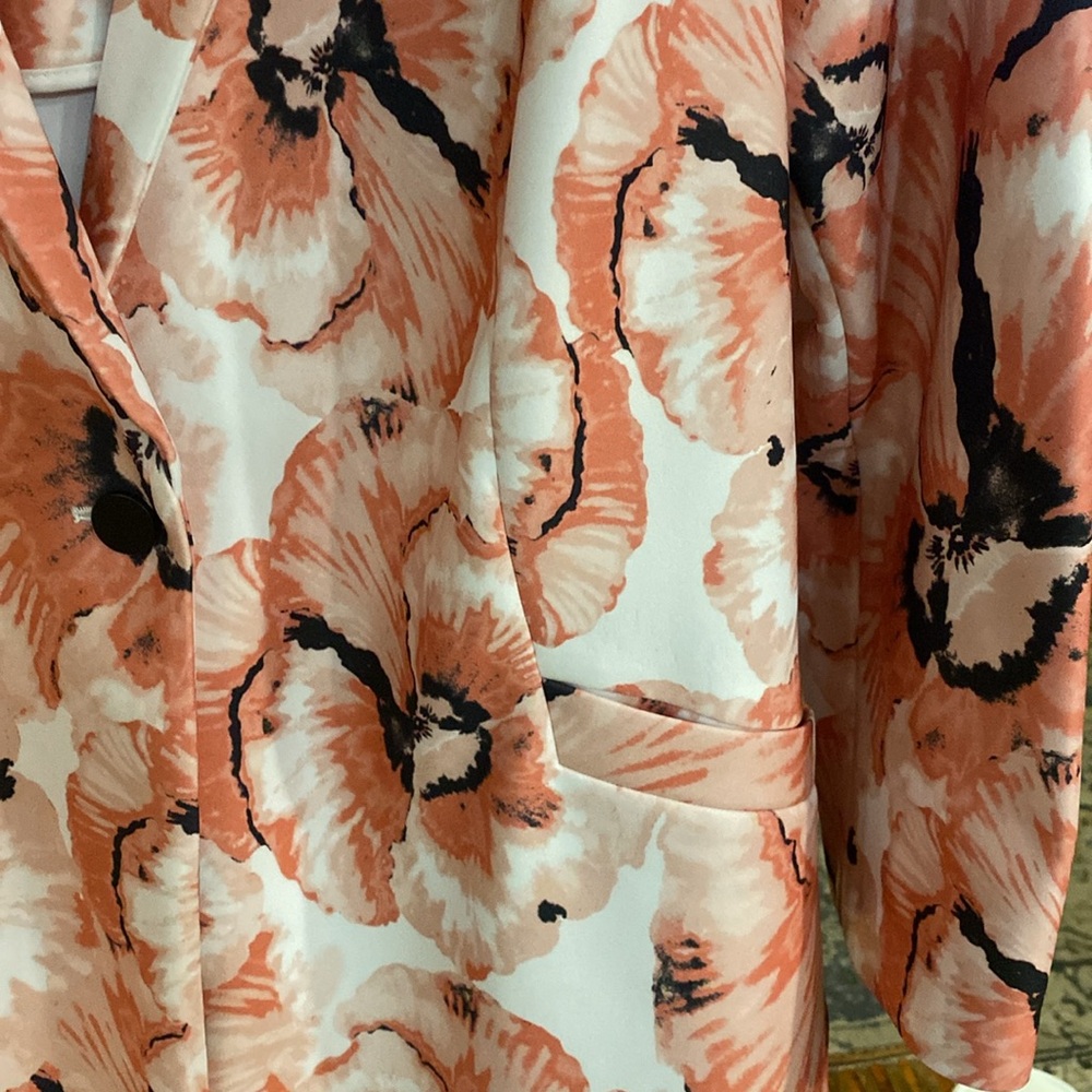 Alfani Womens XL Pink White Modern Pansy Print Pockets Long One Button Jacket - Picture 2 of 6